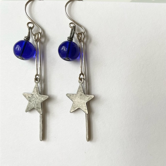 Star Earrings Sterling Silver Cobalt Blue Handmade - Picture 6 of 7